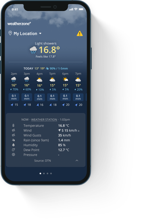 Picture of the weatherzone app hourly forecast
