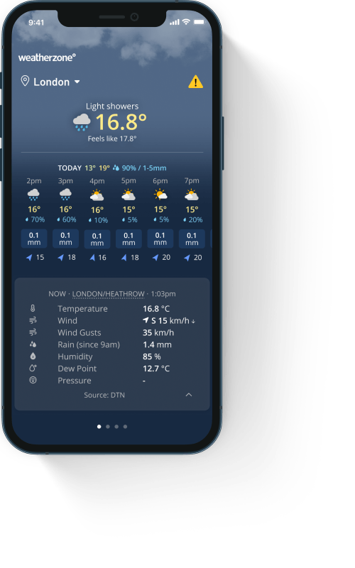 Picture of the weatherzone app hourly forecast