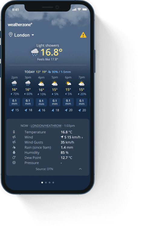Picture of the weatherzone app hourly forecast