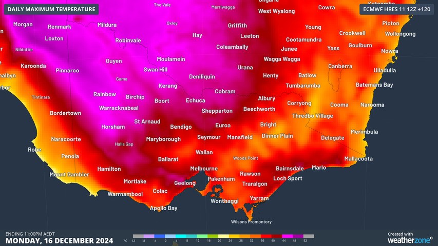 Image: Forecast maximum temperature on Monday, December 16, 2024. Source: Weatherzone.