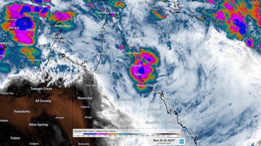 Image: Enhance infrared satellite image showing thick rain-bearing cloud over northeast Queensland early on Monday morning. Source: Weatherzone