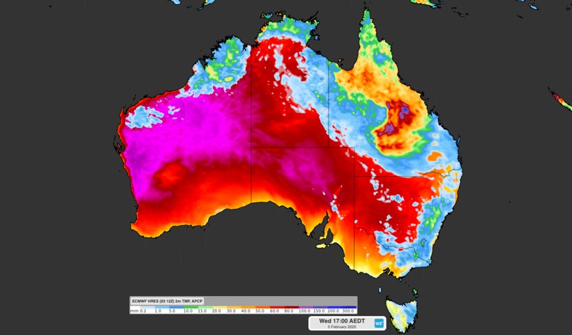 Image: Modelled air temperature and 24-hour accumulated rain at 5pm AEDT on Wednesday, February 5, 2025. Source: Weatherzone.
