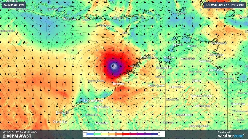 Image: Modelled wind gusts at 2pm AWST on Friday, April 16. Source: Weatherzone.
