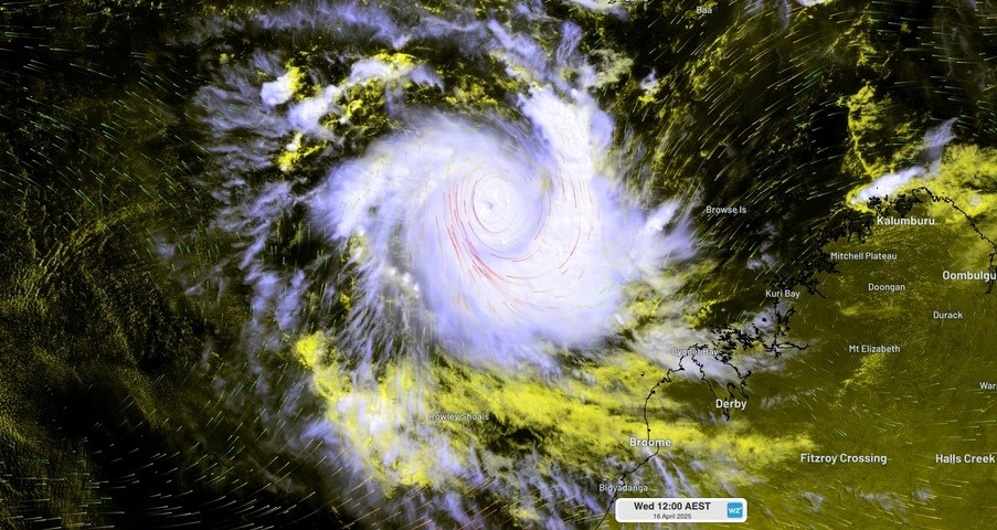 Image: Composite visible/infrared satellite and modelled wind, showing Tropical Cyclone Errol near WA on Wednesday. Source: Weatherzone.