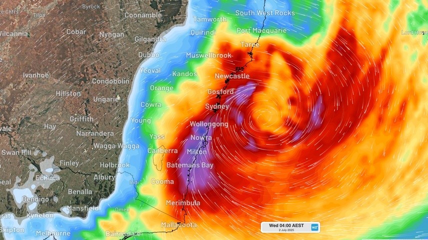 Image: 30-hour accumulated rain and wind at 4am AEST on Wednesday, July 3, 2025. Source: Weatherzone.