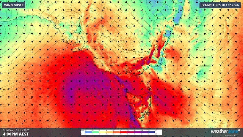 Image: Forecast wind gusts over southeastern Australia on Sunday afternoon. Source: Weatherzone.