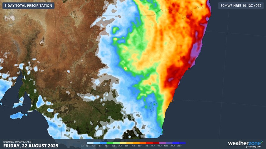 Image: Rainfall accumulation in NSW up until 10pm Friday, according to the ECMWF model. Source: Weatherzone