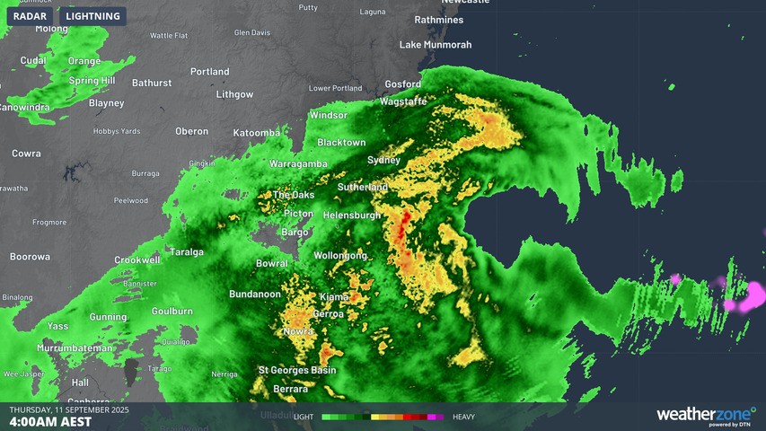 Image: Sydney region radar at 4am on Thursday, September 11, 2025. Source: Weatherzone