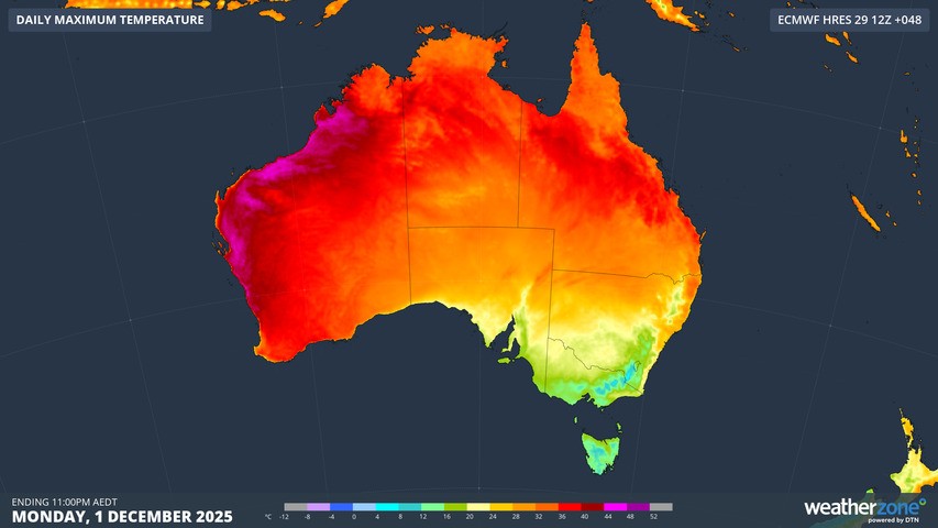 Image: Forecast temperatures across Australia for the first day of December. Source: Weatherzone