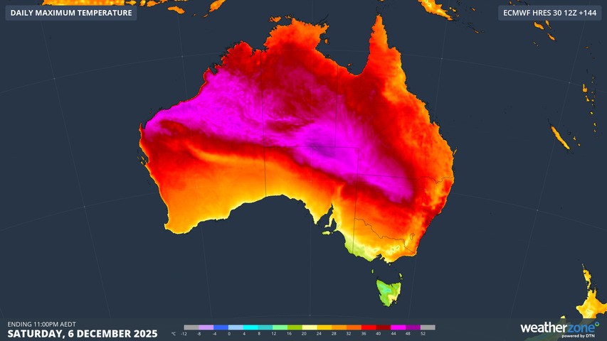 Image: Forecast maximum temperatures on Saturday, December 6, 2025. Source: Weatherzone.