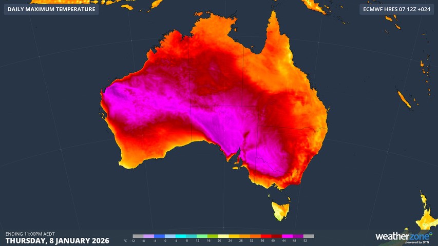 Image: Forecast maximum temperatures on Thursday, January 8, 2025. Source: Weatherzone.