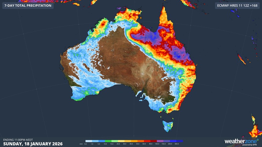 Image: Forecast rainfall for Australia up until Sunday, January 18, according to the ECMWF model. Source: Weatherzone