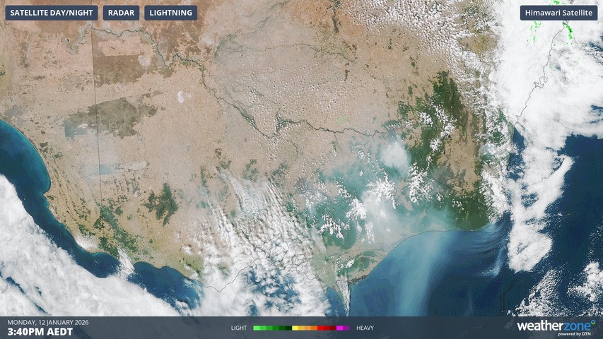 Image: Satellite image of Victoria on the afternoon of Monday, January 12, 2026. Source: Weatherzone