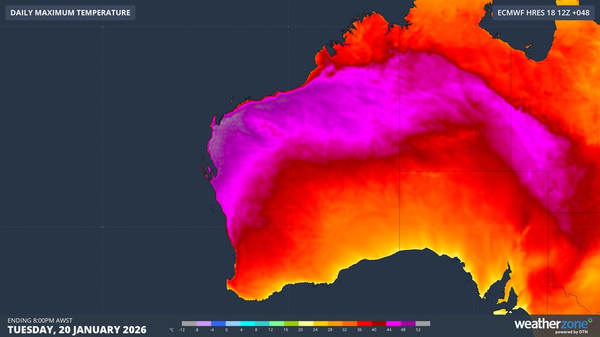 Image: Forecast maximums for Western Australia on Tuesday, January 20, 2026, according to the ECMWF model. Source: Weatherzone