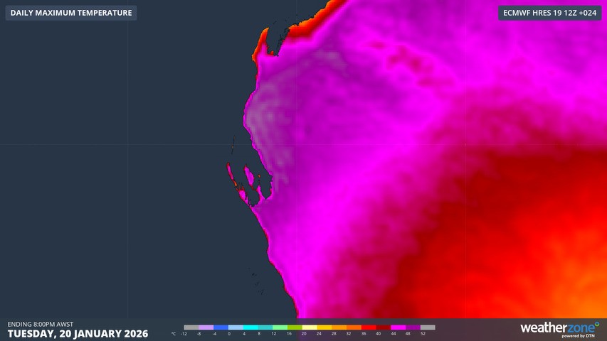Image: A vast area of northwest WA was forecast to endure maximums of 44°C (pink shading) or higher. Source: Weatherzone
