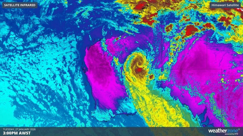 Image: Enhanced infrared satellite image showing ex-Tropical Cyclone Luana over WA on Tuesday, January 27, 2026. Source: Weatherzone.