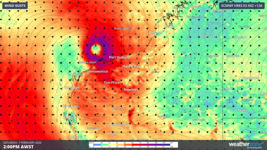 Image: Forecast wind gusts on Saturday afternoon. Source: Weatherzone.