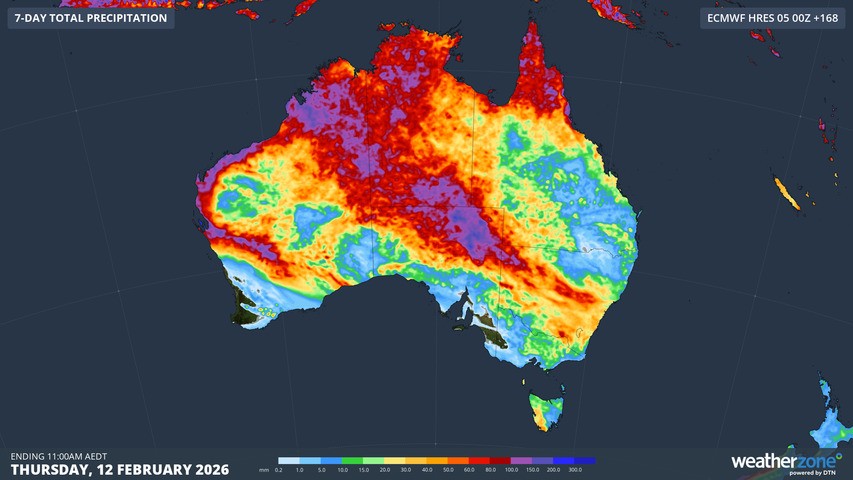 Image: Forecast accumulated rain during the next seven days. Source: Weatherzone.