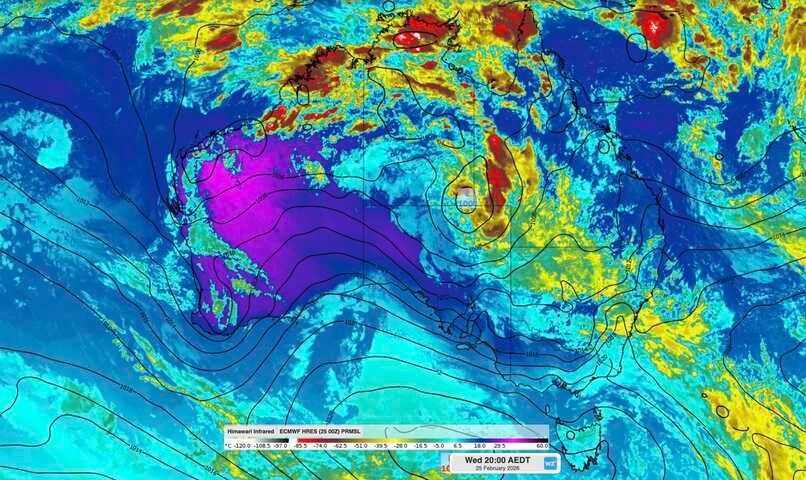 Image: Enhanced infrared satellite and modelled mean sea level pressure at 8pm AEDT on February 25, 2026.. Source: Weatherzone.