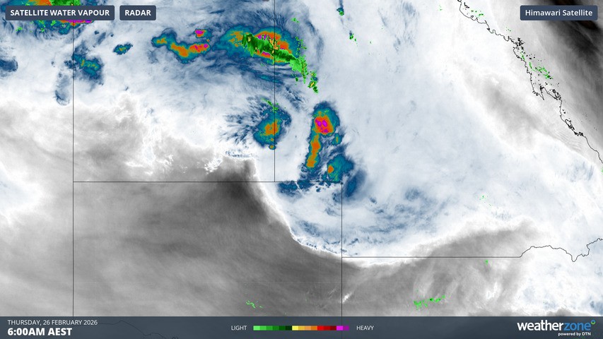 Image: Radar and water vapour imagery for parts of outback Australia on the morning of February 26, 2026. Source: Weatherzone