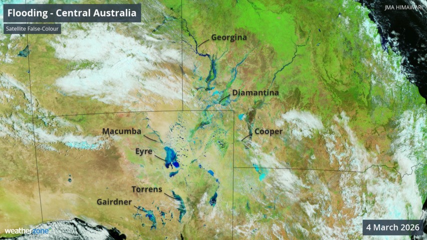 Image: Satellite image of water in normally dry lakes in outback Australia on March 4, 2026. Source: NASA Worldview and Weatherzone