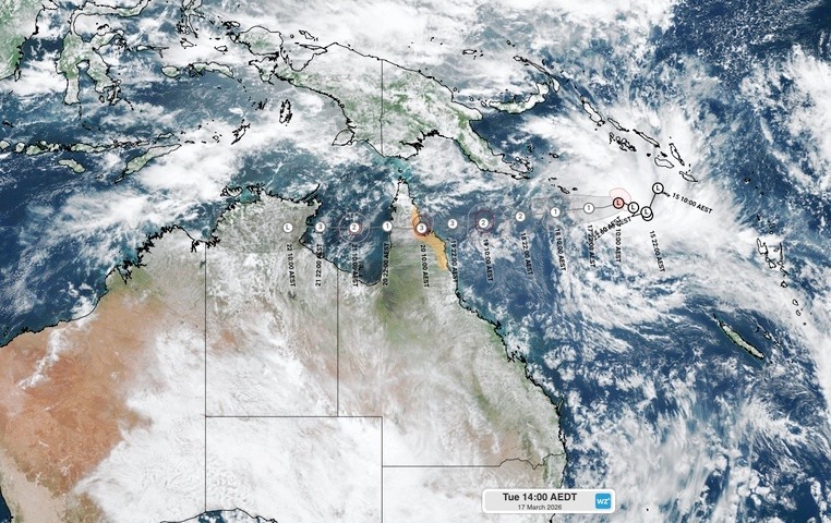 Image: Visible satellite and tropical cyclone track map valid at 3pm AEST on March 17, 2026. Source: Weatherzone.