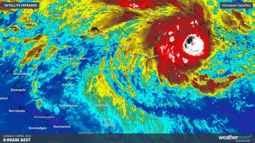 Image: Enhanced infrared satellite image showing Tropical Cyclone Maila over the Solomon Sea on Sunday morning. Source: Weatherzone. Source: Weatherzone