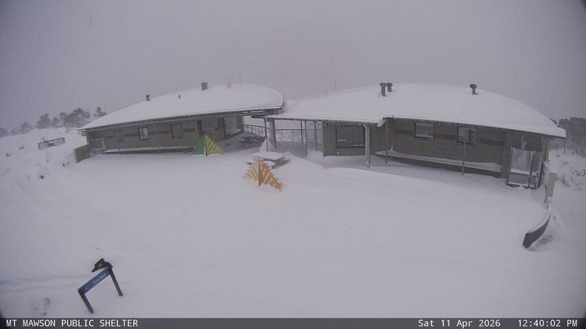 Image: Strong winds are contributing to snow drifts at Mt Mawson, Tasmania on Saturday, April 11, 2026.. Source: Source: Mt Mawson