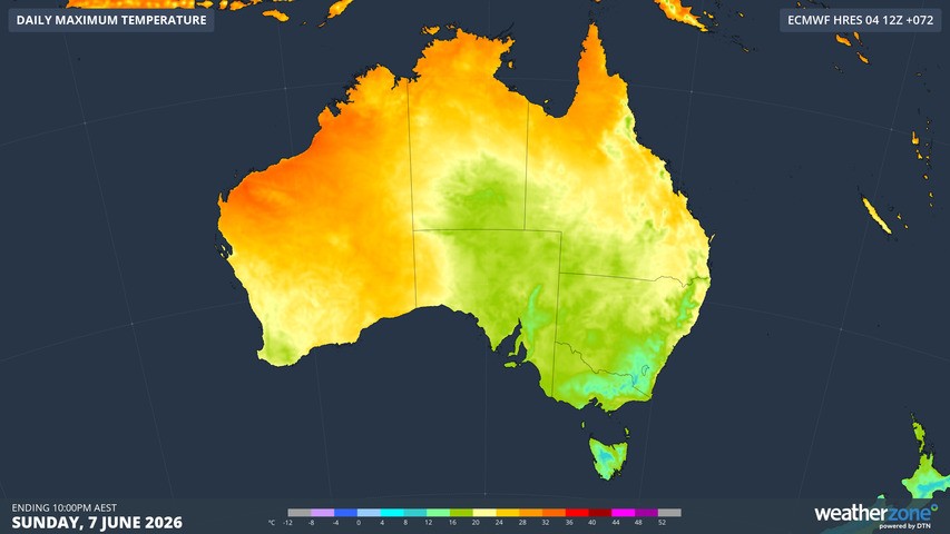 Image: Relatively mild maximums for June across Australia this Sunday, June 7, according to the ECMWF model. Source: Weatherzone