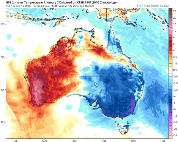 Image: 2-metre temperature anomaly across Australia next Thursday, September 11, at 4 am (AEST). Source: Tropical Tidbits