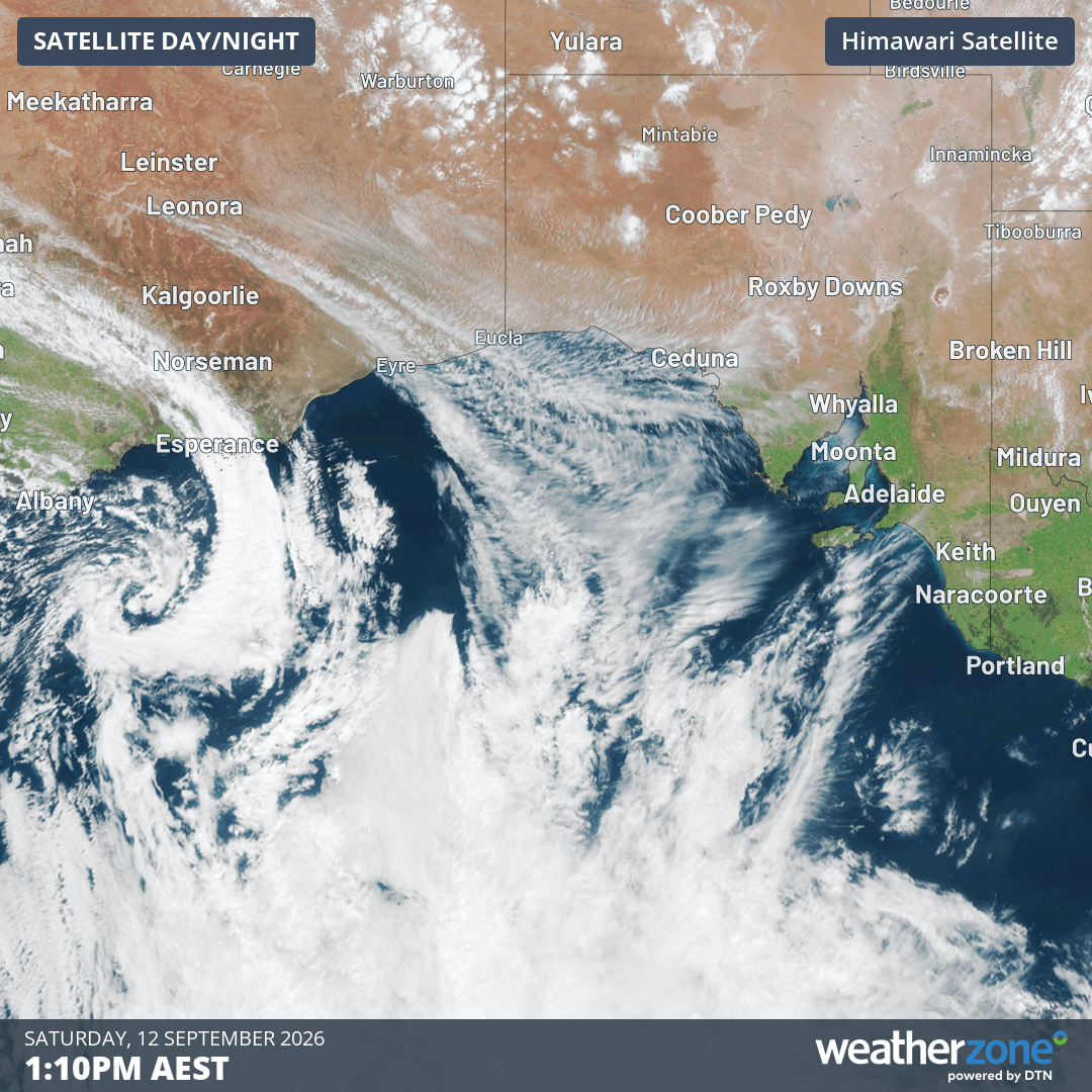 Image: Current satellite image shows a cold front near Esperance, expected to cross South Australia on Sunday. Source: Weatherzone