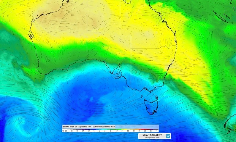 Image: Modelled 850 hPa temperature and wind on Monday morning. Source: Weatherzone.