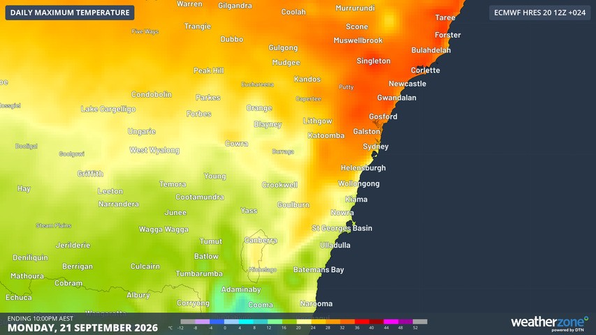 Image: Forecast maximums (according to the ECMWF model) for parts of NSW on September 21, 2026. Source: Weatherzone