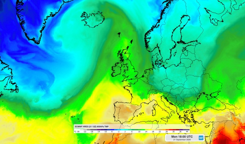 Image: Modelled 850 hPa temperature at 6 pm UTC on Monday, September 21, 2026. Source: Weatherzone.