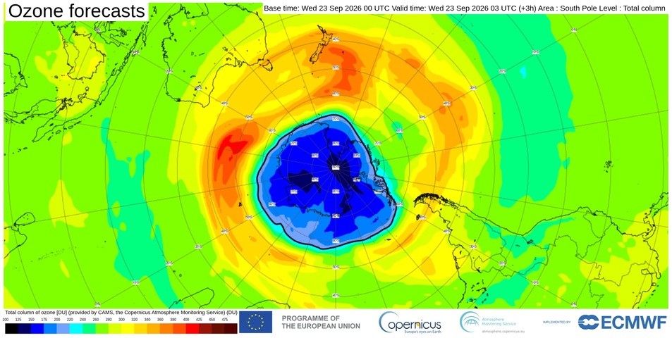 Image: Modelled total column of ozone, showing the ozone hole in blue. Source: ECMWF / Copernicus.