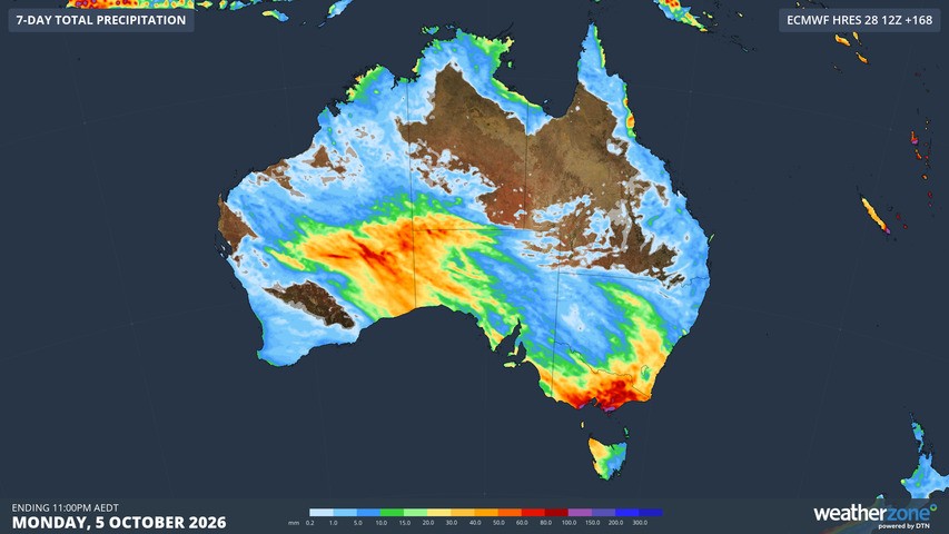 Image: Accumulated precipitation totals across Australia up until 11 pm (AEDT) on Monday, October 5, 2026, according to the ECMWF model. Source: Weatherzone