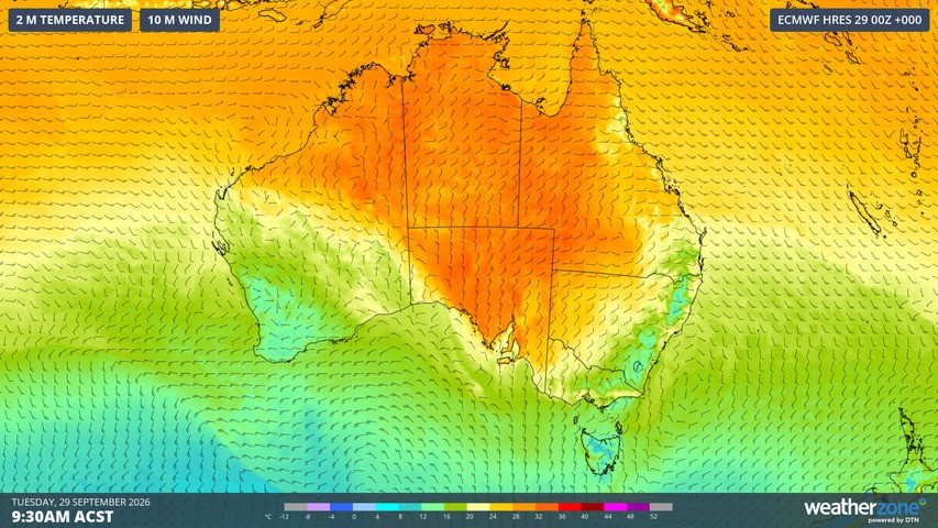 Image: 2m temperatures and 10m wind at 9:30 am (ACST) showing heat concentrated over parts of SA. Source: Weatherzone