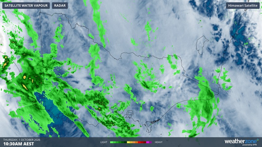 Image: Rain radar and atmospheric water vapour over Victoria and parts of adjacent states on the morning of October 1, 2026 . Source: Weatherzone