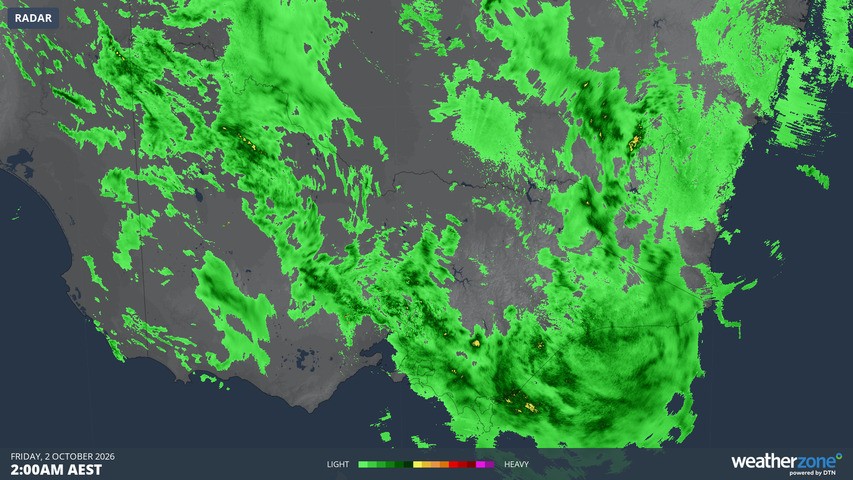 Image: Rain radar for Victoria and parts of adjacent states at 2 am (AEST) this Friday, October 2, 2026. Source: Weatherzone