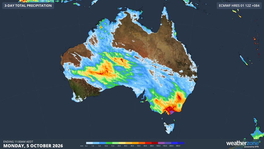 Image: Predicted rainfall accumulation across Australia from this Friday through to 11 am (AEDT) on Monday, October 5, 2026. Source: Weatherzone