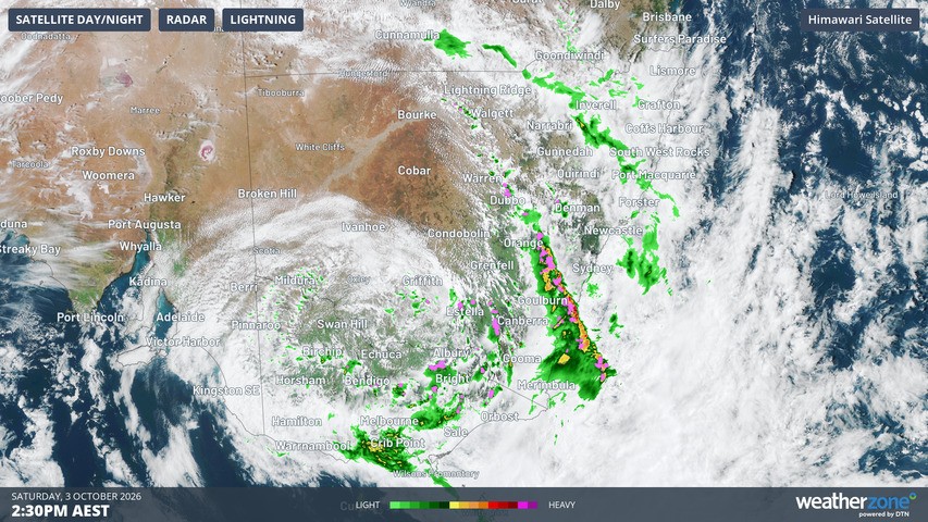 Image: Showers, cloud and some storms swirl around a low over southeastern mainland Australia. Source: Weatherzone
