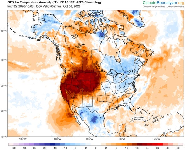Image: Forecast temperature anomaly on Tuesday, October 6, 2026. Source: ClimateReanalyzer.org.