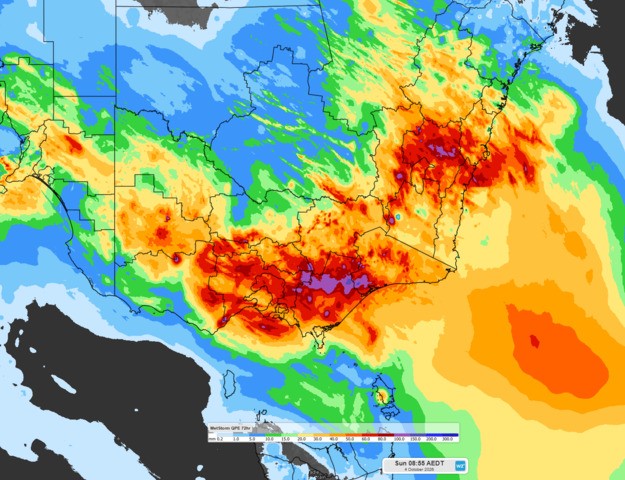 Image: Estimated observed rainfall for the 72 hour period ending 9am October 4 2026. Source: Weatherzone. Source: Weatherzone