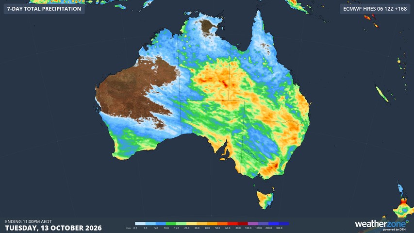 Image: Forecast accumulated rain during the 7 days ending at 11 pm AEST on Tuesday, October 13, 2026. Source: Weatherzone.