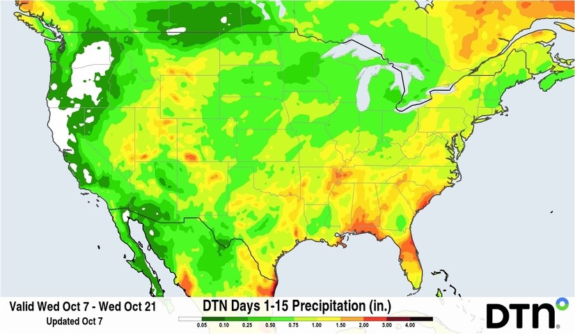 Image: Three hurricanes will affect the U.S. over the next two weeks with widespread areas of heavy rain potential from the West to the East.. Source: DTN.