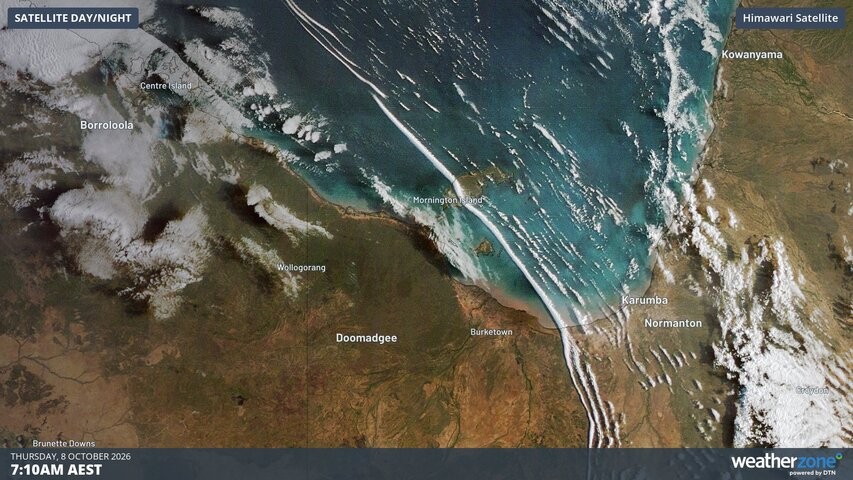 Image: Satellite image showing the morning glory cloud over northwest Queensland on Thursday morning. Source: Weatherzone.