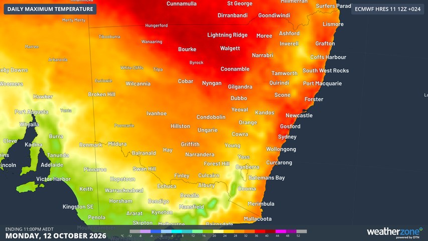 Image: Forecast maximums for NSW on October 12, 2026, according to the ECMWF model. Source: Weatherzone