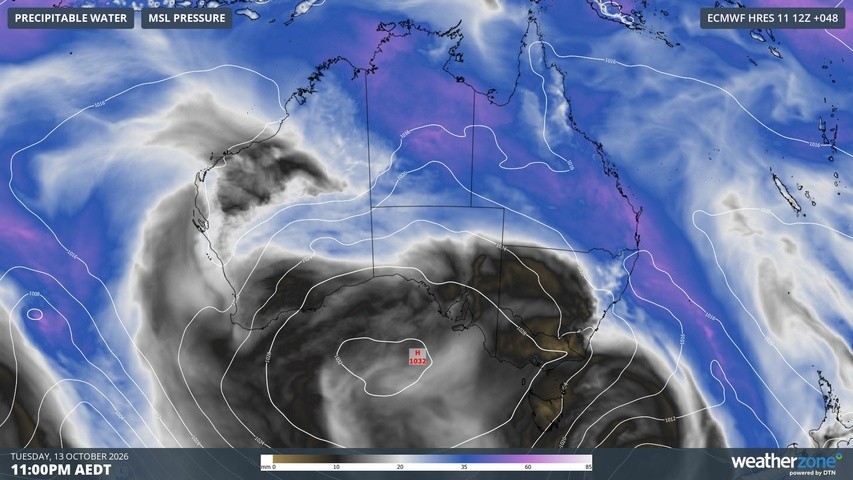 Image: Forecast precipitable water and mean sea level pressure at 11 pm AEDT on Tuesday, October 13, 2026. Source: Weatherzone.