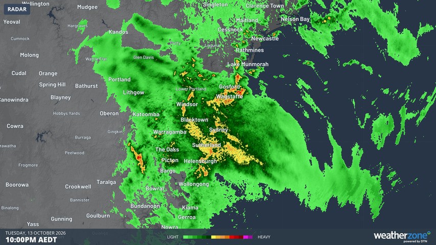 Image: Rain radar over Sydney and nearby areas at 10 pm (AEDT) on Tuesday, October 13, 2026. Source: Weatherzone