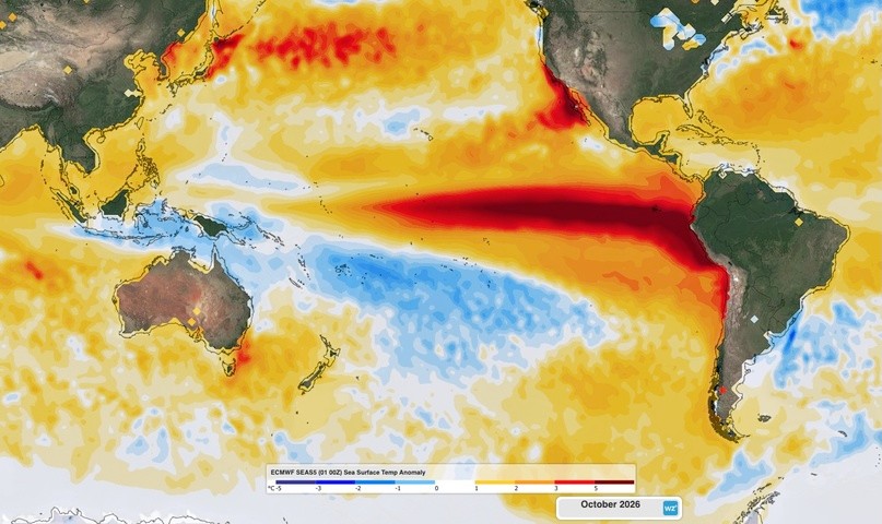 Image: Forecast monthly sea surface temperature anomalies in October 2026. Source: Weatherzone.